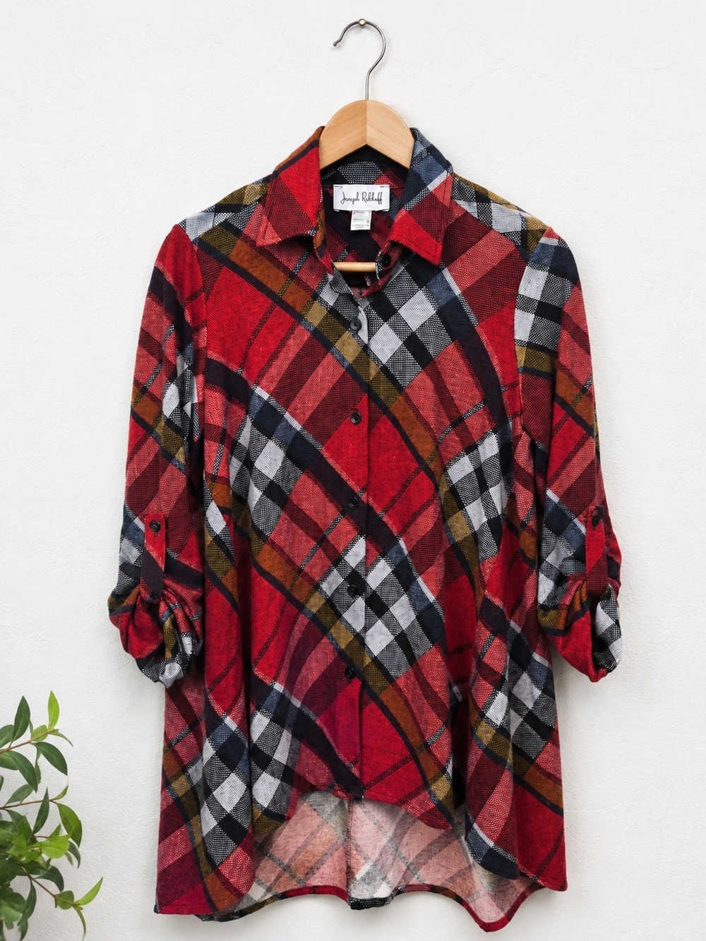 Joseph Ribkoff Red Plaid Tunic Blouse Roll Tab High Low Shirt Size 6